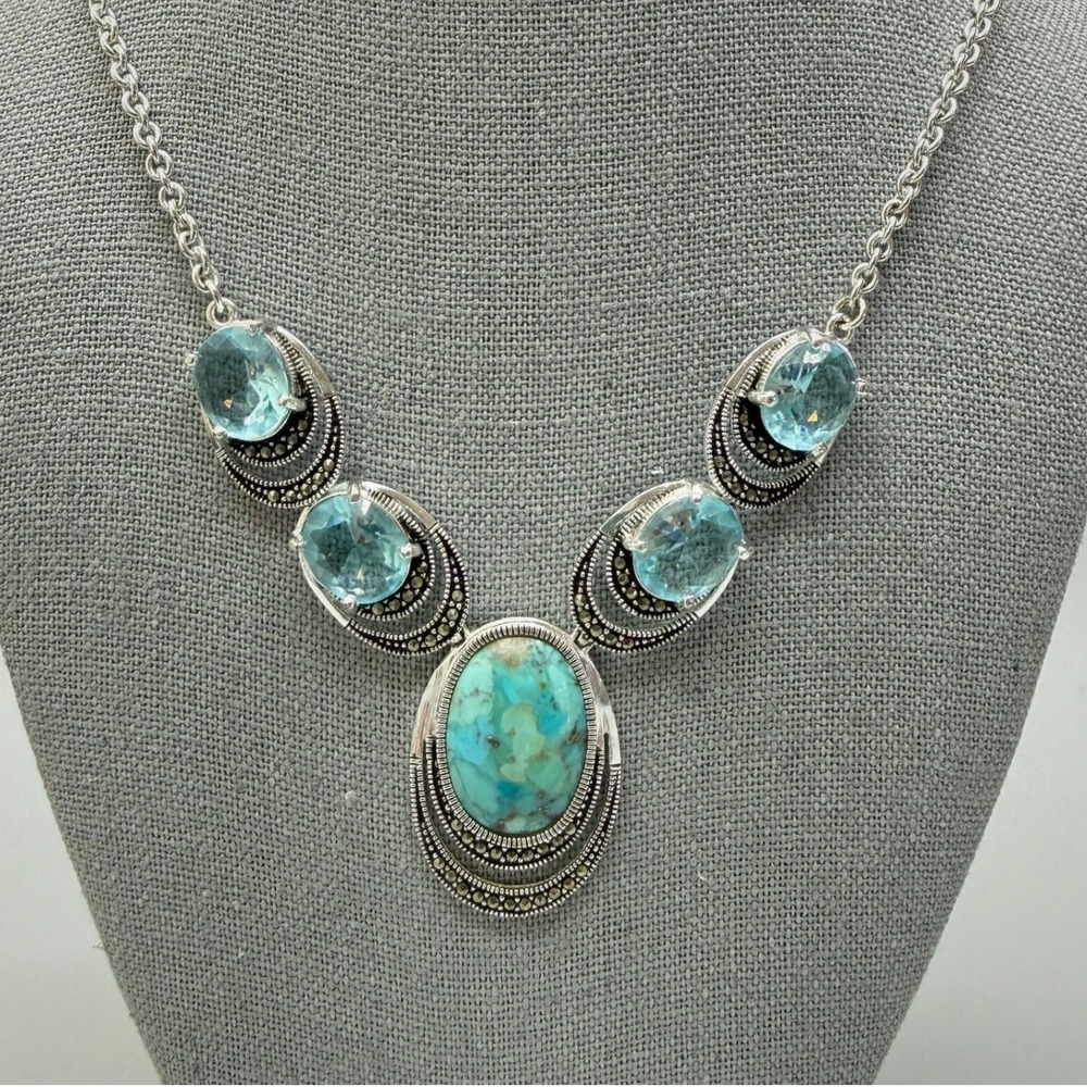 LE VIEUX Silver Tone Necklace 17" Blue Turquoise Swarovski Crystal Marcasite